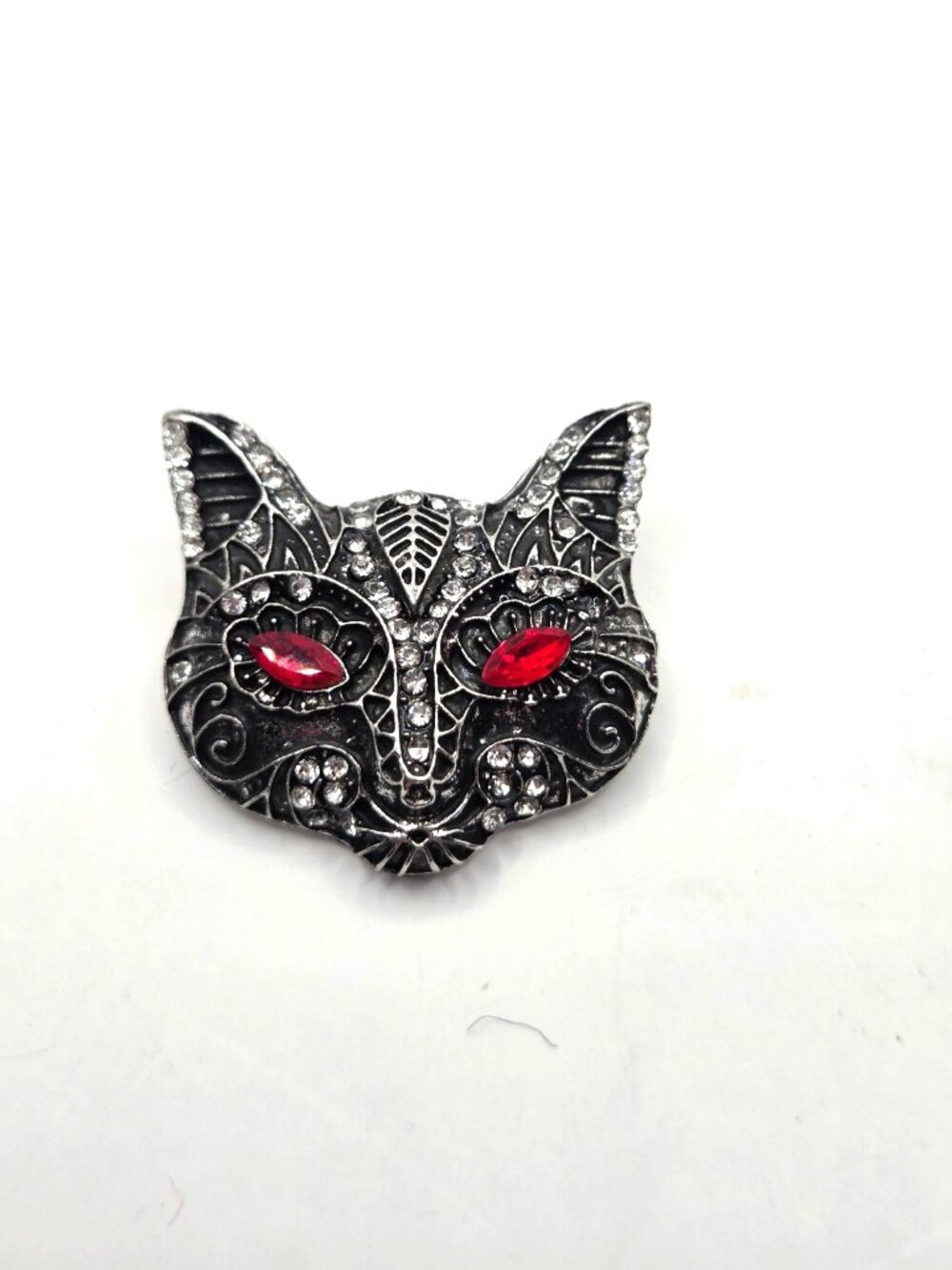 Gothic Cat Brooch With Red Rhinestone Eyes & Crystal Accents